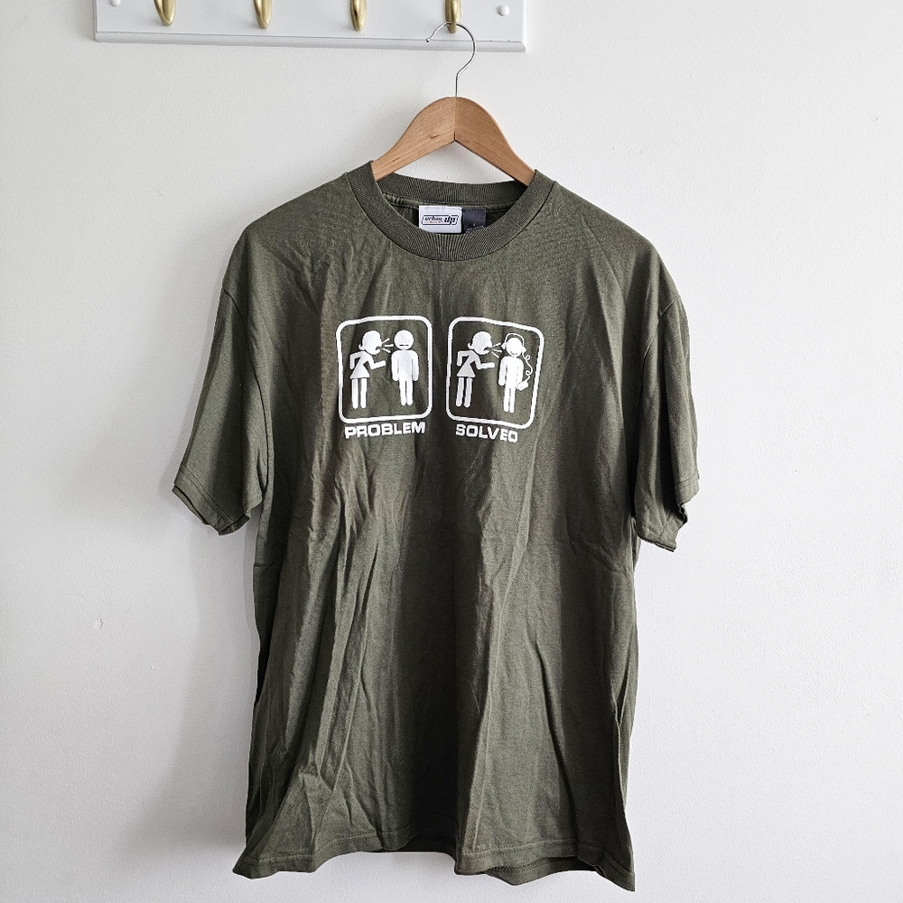 Olive Green Problem Solved Fun Humor Adult Short Sleeve Cotton Graphic T-Shirt